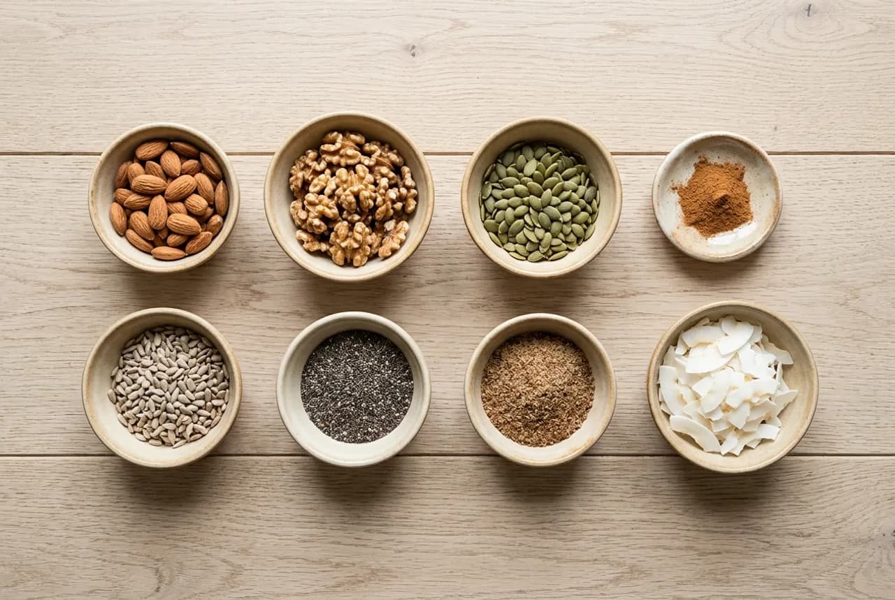 Les ingrédients de la recette : Granola sans gluten ni avoine (sans céréales)