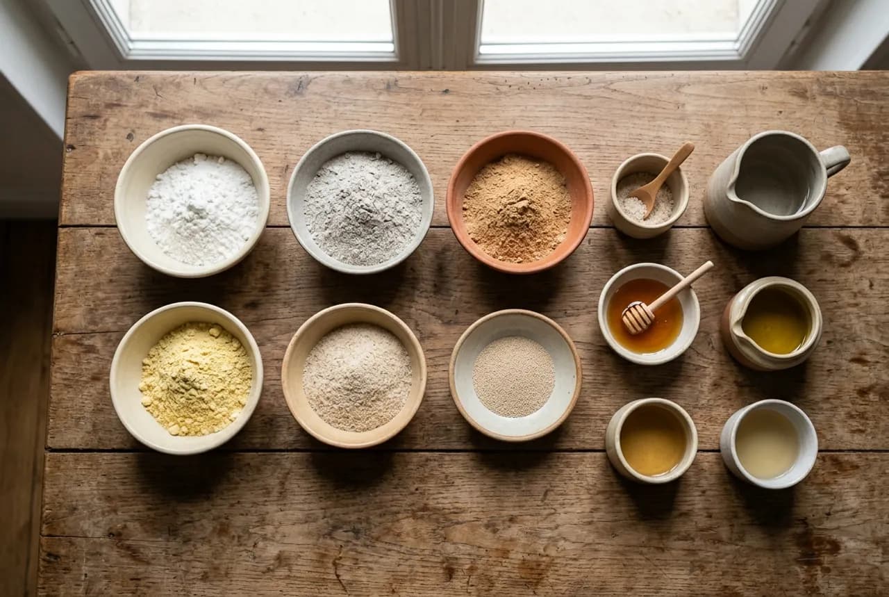 Les ingrédients de la recette : Pain sans gluten multi-farines : riz, sarrasin, châtaigne, lupin